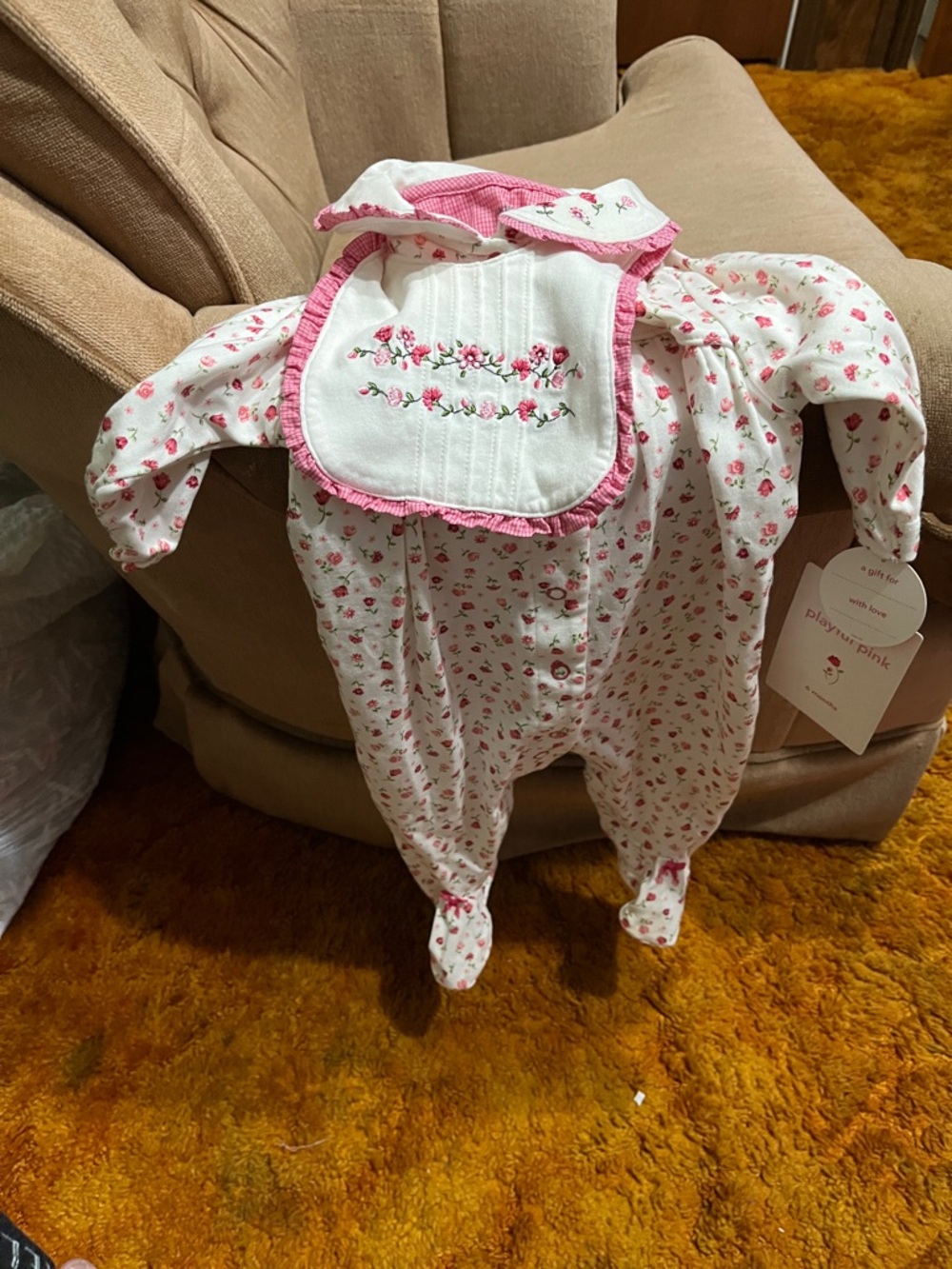 Carter's White Romper with Pink Floral Embroidery and Pink Gingham Lining
